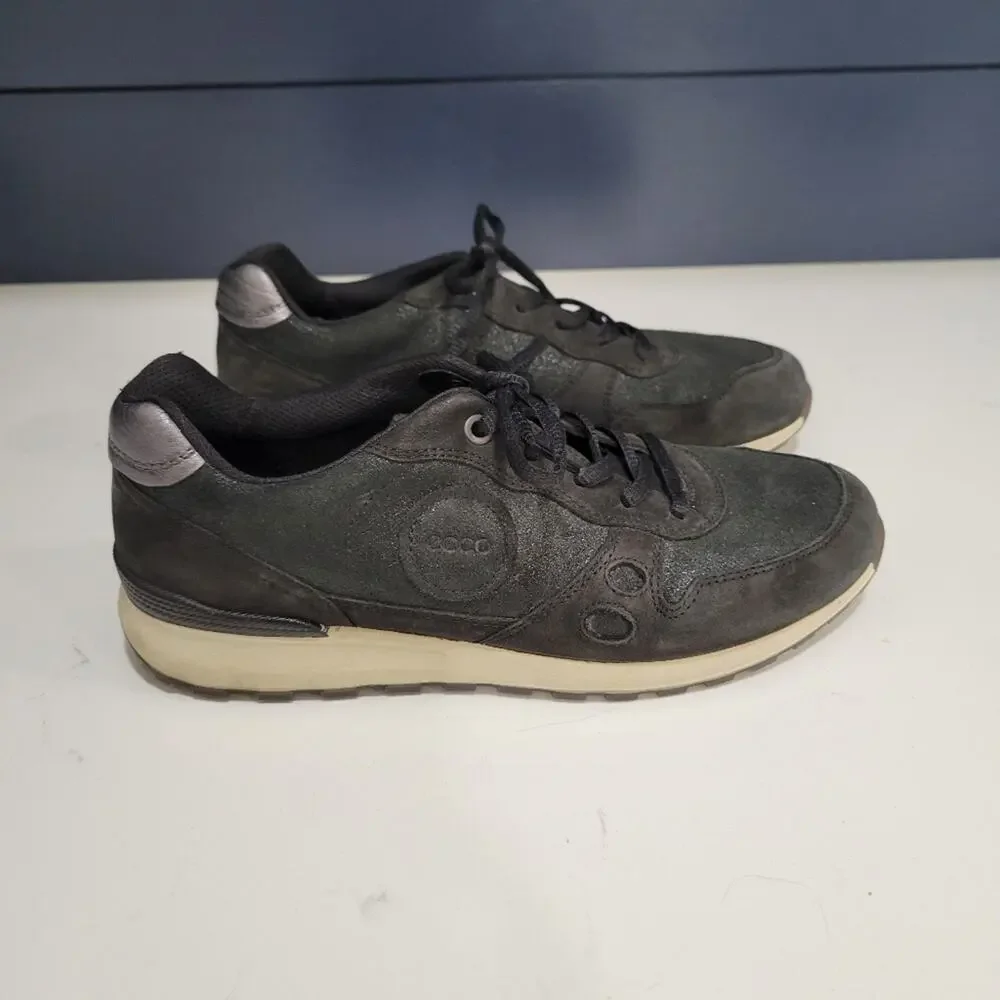 Ecco Retro Low Top Metallic Black Leather Sneakers Size 39 EU 8.5 US